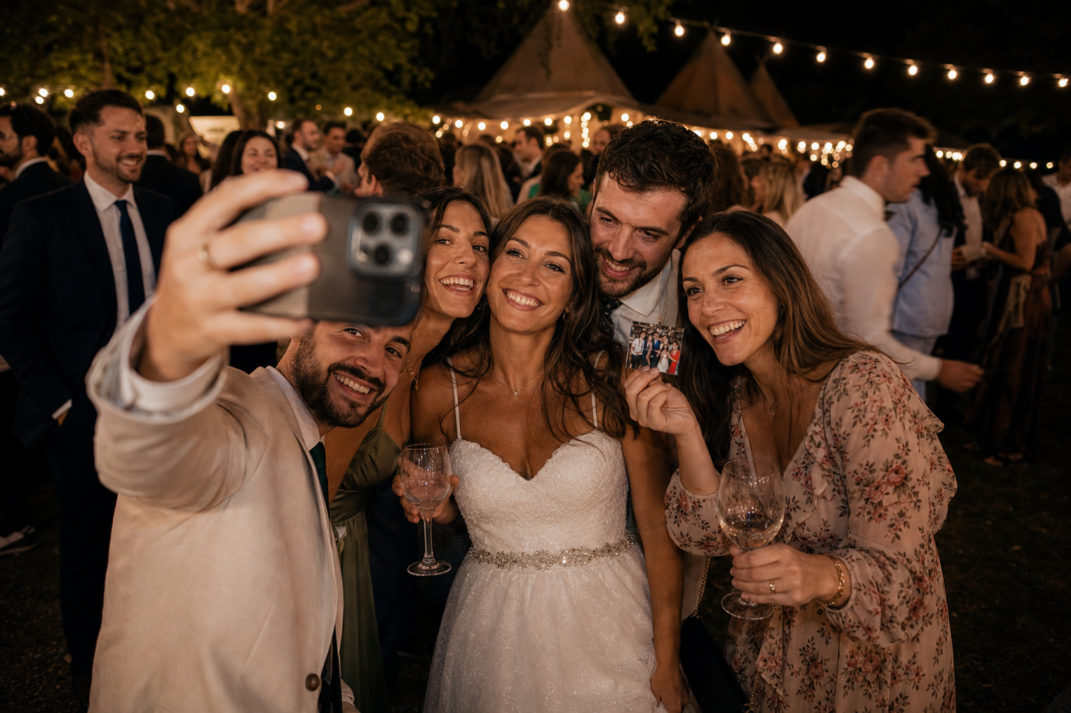 Grupo de invitados disfrutando recuerdos impresos en mano