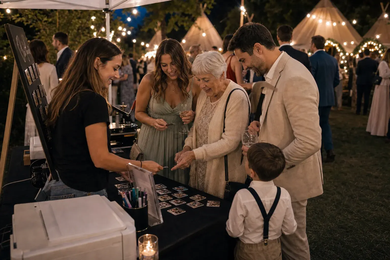 Event table with printer and magnet packs at a celebration