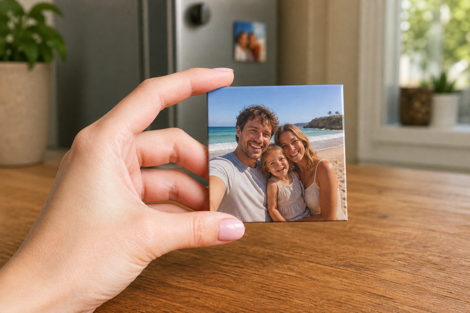 Custom flexible photo magnet with a family photo in square format