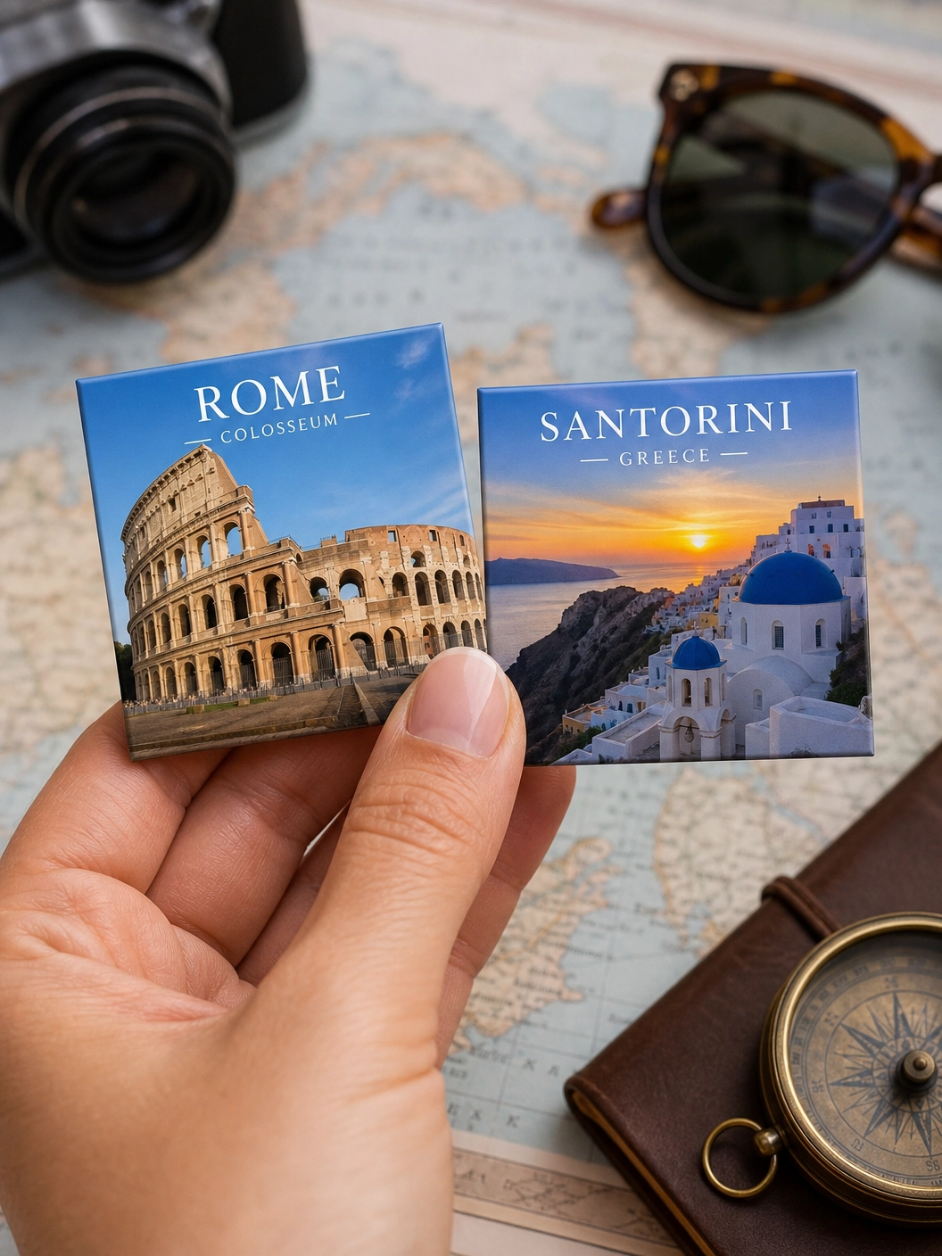 Two custom square travel photo magnets over a map
