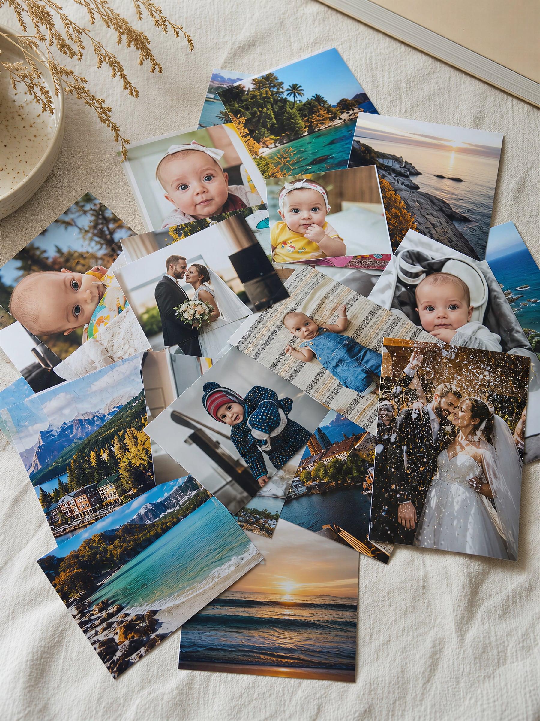 Glossy printed photos scattered over light linen